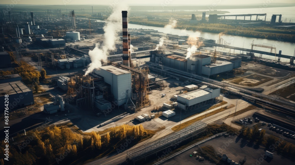 A bird's-eye view of a suburban industrial landscape with heavy pollution caused by large factories.