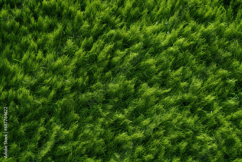 The close up landscape detail of lush green grass meadow or artificial grass in a football field texture surface  background and wallpaper. Generative AI.