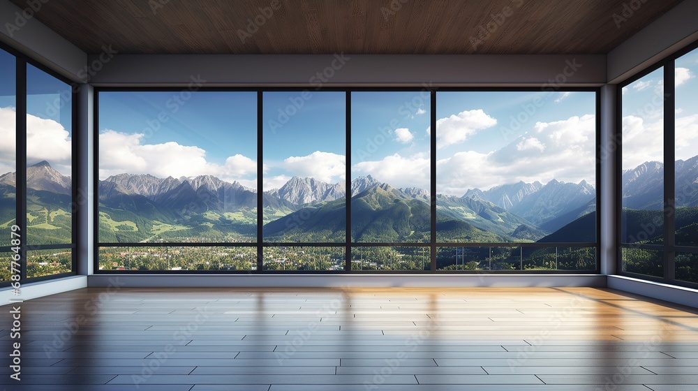 Empty room with panoramic view of mountains in the background