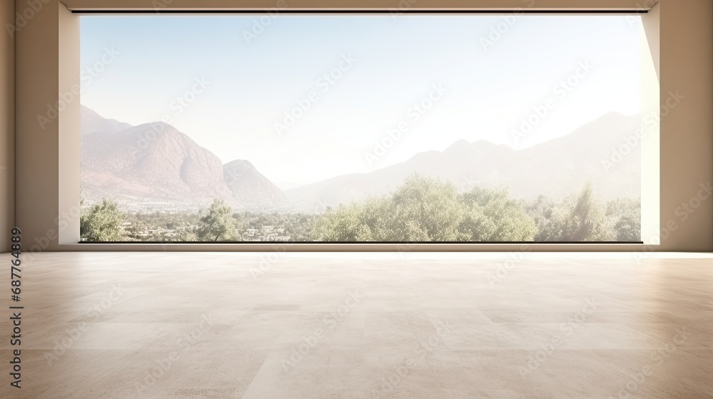 Empty room with panoramic view of mountains in the background Empty room with panoramic view of mountains in the background