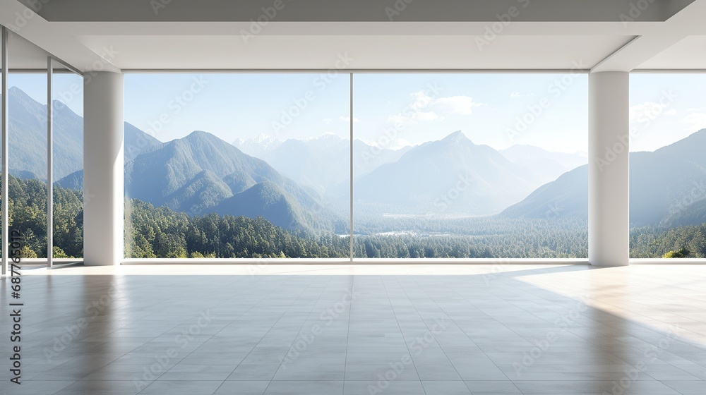 Empty room with panoramic view of mountains in the background