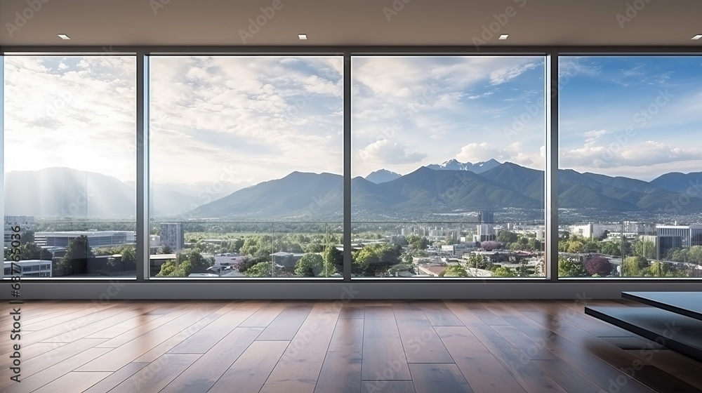 Empty room with panoramic view of mountains in the background