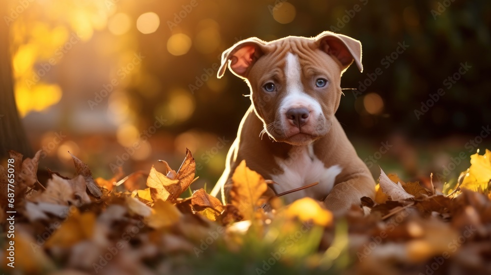 A Cute American Pitbull puppy playing in the backyard with yellow autumn leaves at sunset. The background of the photo is a relaxing environment in the backyard. A Cute American Pitbull puppy playing in the backyard with yellow autumn leaves at sunset. The background of the photo is a relaxing environment in the backyard.