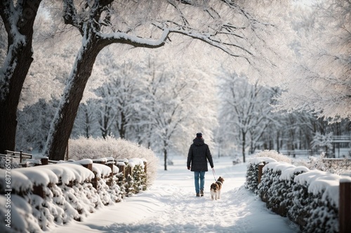 Winter Stroll: Person and Dog on a Snowy Park Path