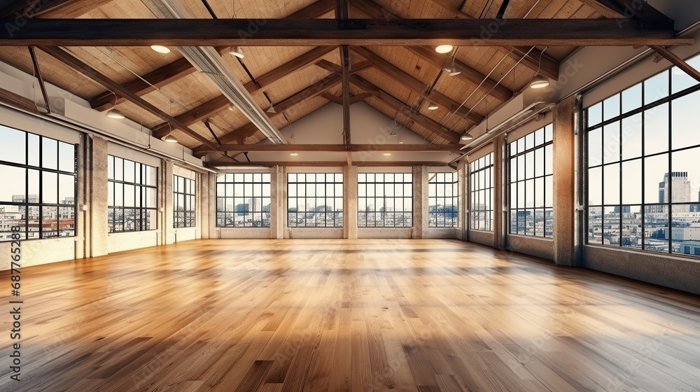 Interior of modern loft with wooden floor and panoramic windows