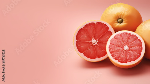 A grapefruit is cut in half and has a pink center.
