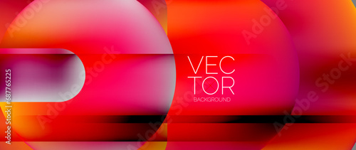 Dynamic bright colorful geometric elements with fluid gradients, lights, shadows blend in a minimal backdrop, creating captivating composition