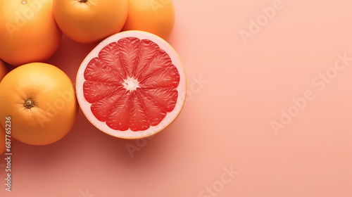A grapefruit is cut in half and has a pink center. photo