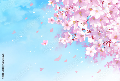 桜と青空の背景素材 桜吹雪 お花見 入学 卒業 入園 卒園 入社 ひな祭り 雛祭り コピースペース