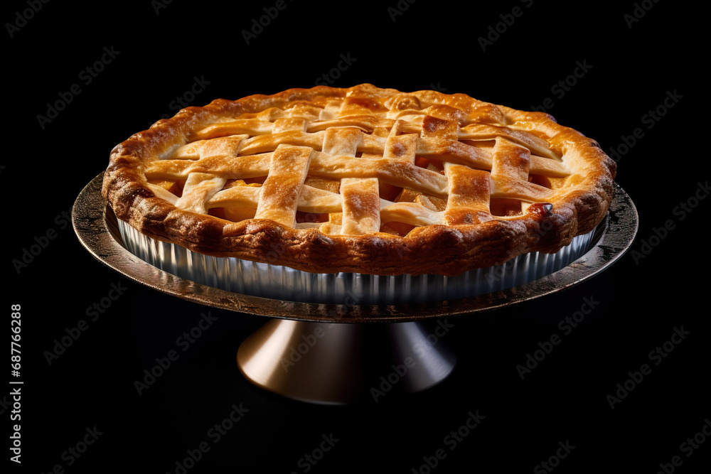 Apple Pie in front of black background and studio lighting using generative AI Apple Pie in front of black background and studio lighting using generative AI