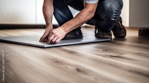 A Construction worker installing laminate flooring, room decoration design, professional technician, laminate background.