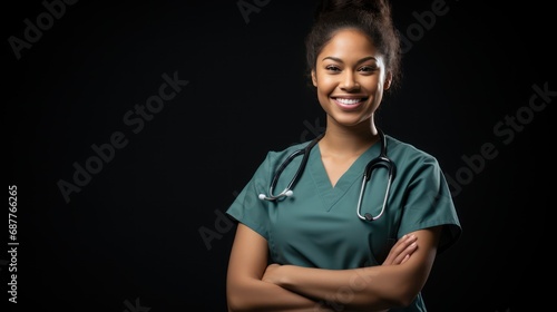 A Beautiful female nurse smiling with arms crossed looking at camera, side view, half body shot, black isolated background