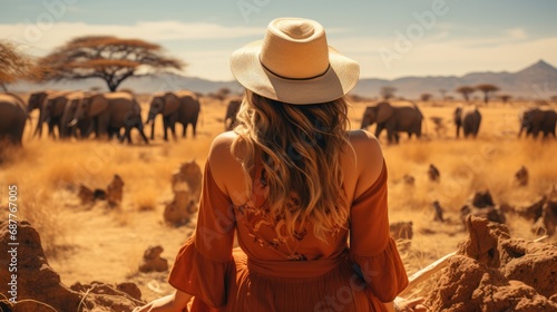 Tourist in safari at savanna. View from behind © Алина Бузунова