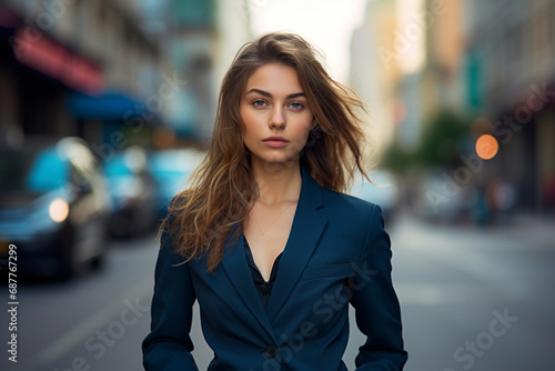 Radiating confidence, female businesswoman in navy suit strikes poised pose against backdrop of blurred street and buildings, epitomizing professionalism and urban sophistication. Generative AI. © Surachetsh