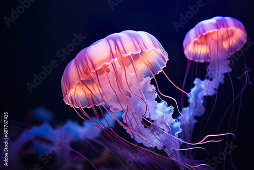 Beautiful jellyfish on dark background.  © Teeradej