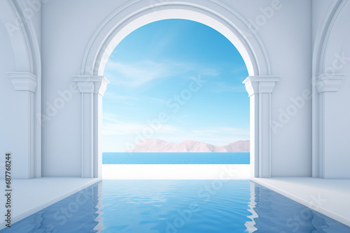 3d landscape rendering of a white room with arch and column in greek or minimal style opening to blue sky and ocean view, pool in the room. Generative AI.
