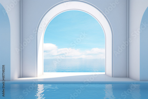 3d landscape rendering of a white room with arch and column in greek or minimal style opening to blue sky and ocean view, pool in the room. Generative AI. © Surachetsh