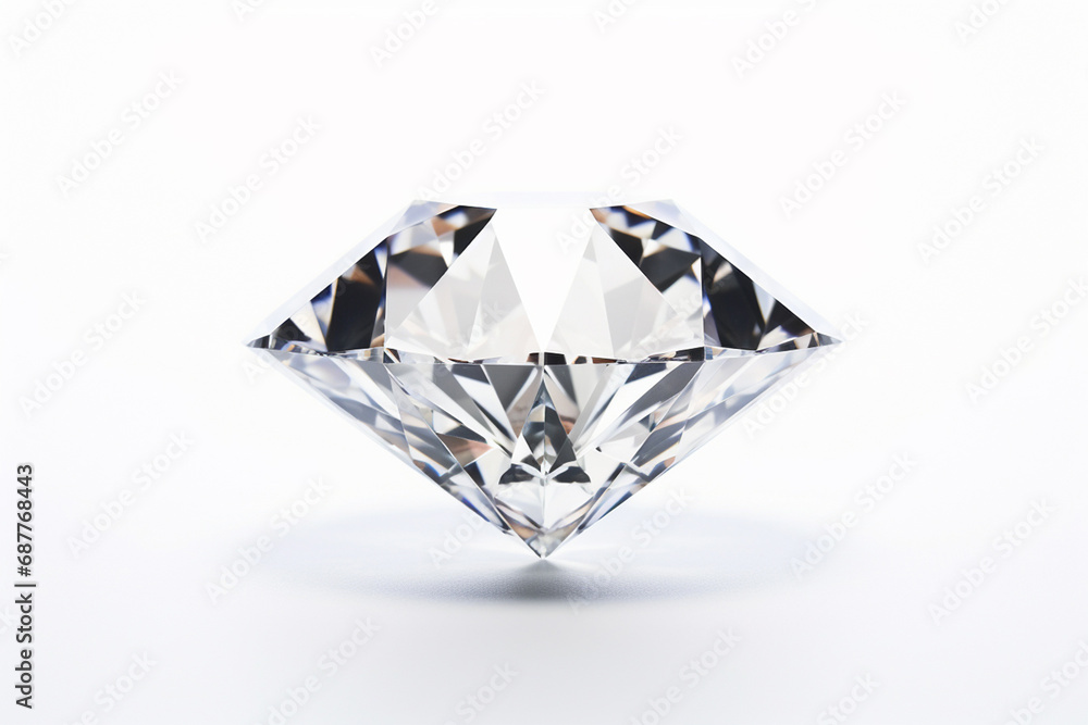 The close up detail of cut transparent diamond gemstone isolated on a simple white background. 3D model rendering. Generative AI. The close up detail of cut transparent diamond gemstone isolated on a simple white background. 3D model rendering. Generative AI.