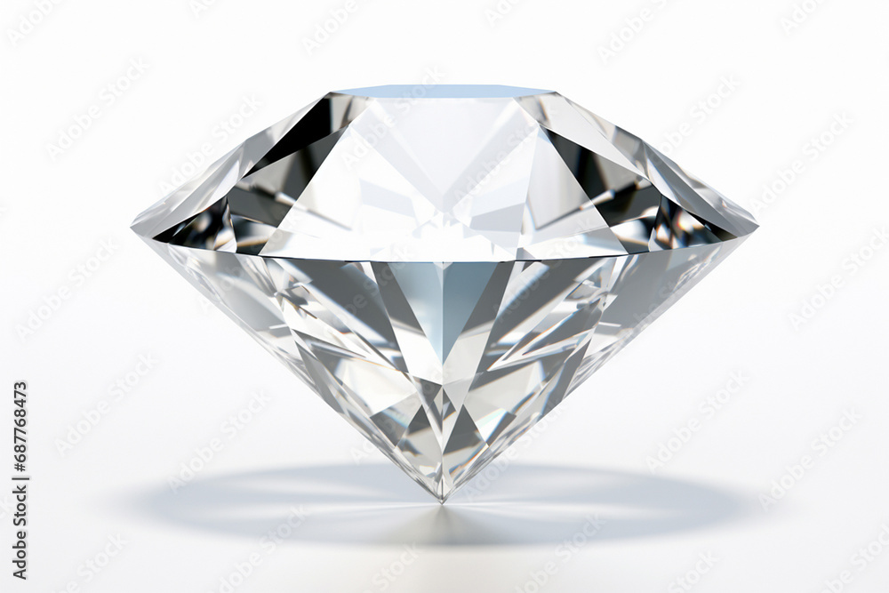 The close up detail of cut transparent diamond gemstone isolated on a simple white background. 3D model rendering. Generative AI. The close up detail of cut transparent diamond gemstone isolated on a simple white background. 3D model rendering. Generative AI.