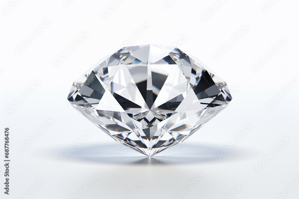 The close up detail of cut transparent diamond gemstone isolated on a simple white background. 3D model rendering. Generative AI.