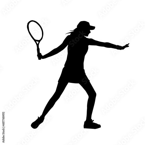 Silhouette of a female tennis sport athlete in action pose. Silhouette of a sporty woman playing tennis sport. © anom_t