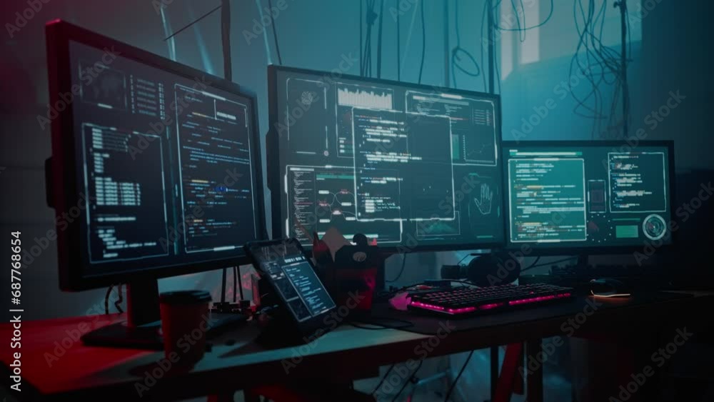 Modern displays demonstrating various forms of code in room Stock Video ...