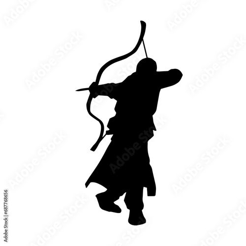Silhouette of male archer in action pose. Silhouette of a man warrior carrying archery weapon.