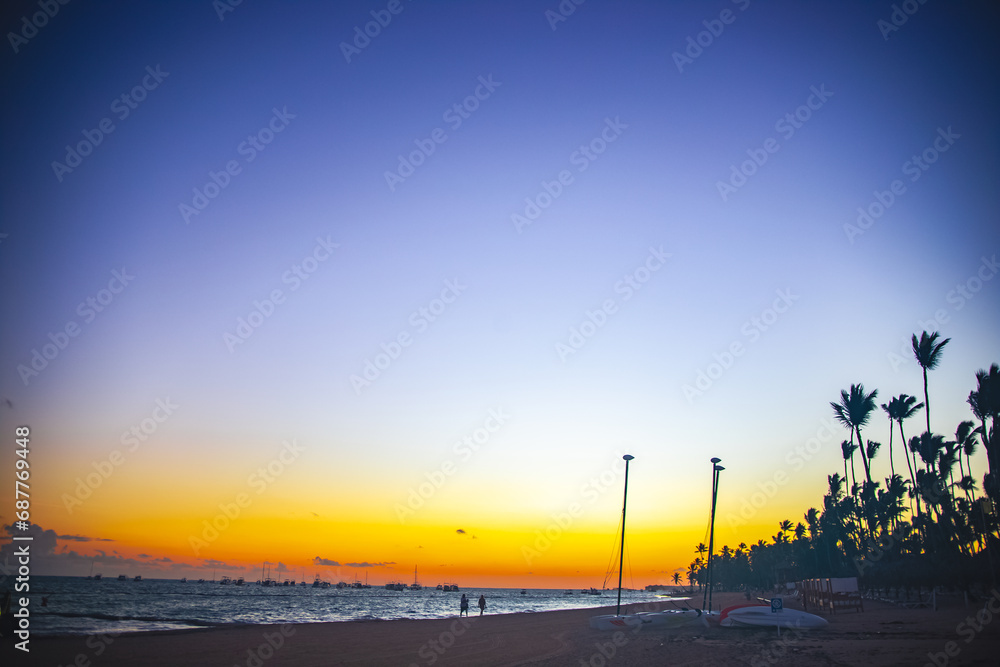 Naklejka premium Sunrise at a resort area in the Dominican Republic, near Punta Cana Ocean Beach.