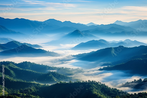 The scenic landscape view of many green high mountains covered by fog mist in the morning, Hong Kong. Relax and serene natural misty sea. Generative AI.