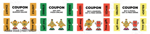 Set Retro groovy cartoon Gift Vouchers and Coupons with character Burger, Pizza and Drink. Vintage mascot with psychedelic smile and emotion. Funky vector illustration