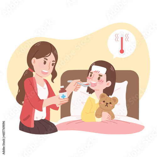 Mom feeding cough syrup to sick daughter, High fever child taking medicine, flu and illness treatment, girl resting to recover in bed with cooling fever patch on forehead. Vector illustration isolated