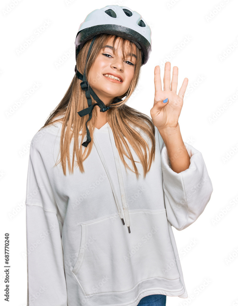 Teenager caucasian girl wearing bike helmet showing and pointing up with fingers number four while smiling confident and happy. Teenager caucasian girl wearing bike helmet showing and pointing up with fingers number four while smiling confident and happy.