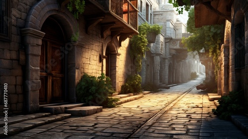 The play of light and shadow on a deserted alley in an old  cobblestone town.