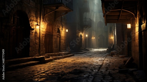 The play of light and shadow on a deserted alley in an old, cobblestone town.