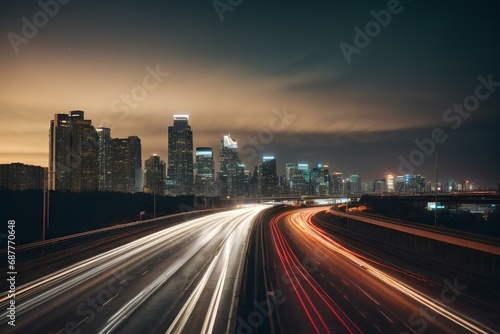 A busy city highway with blurred headlights and tail lights of speeding cars