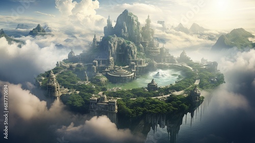 An otherworldly landscape with floating islands and ancient ruins in the clouds.