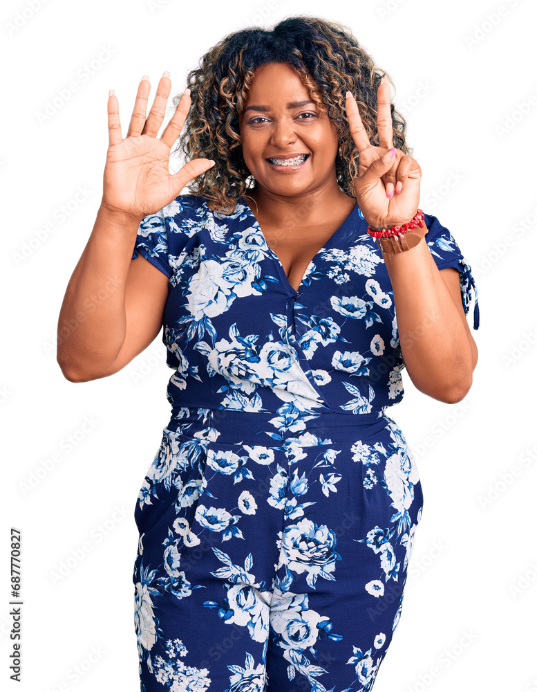 Young african american plus size woman wearing casual clothes showing and pointing up with fingers number seven while smiling confident and happy. Young african american plus size woman wearing casual clothes showing and pointing up with fingers number seven while smiling confident and happy.