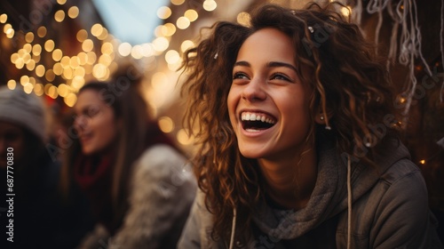 Teenage friends in Christmas season smiling and laughing outdoor