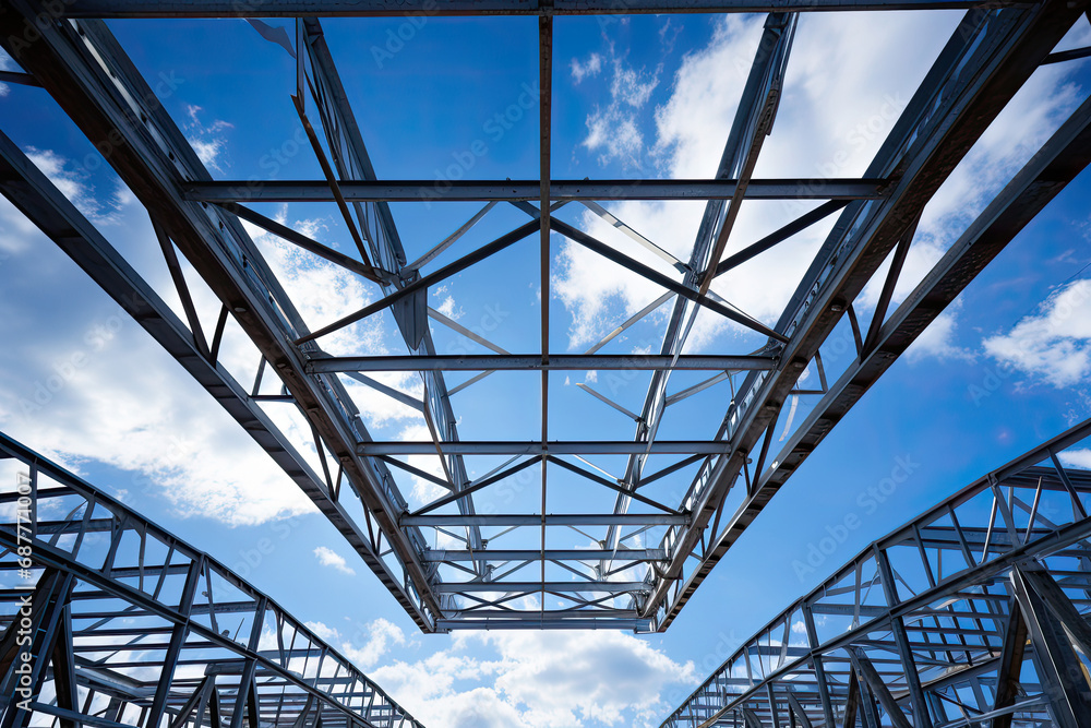 Structure of steel roof truss under the construction building with beautiful sky, site of construction.