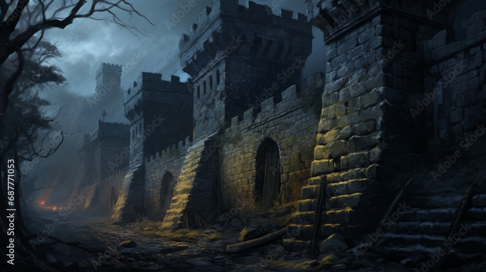 Shadows dancing on the ancient walls of a mysterious, forgotten castle at twilight.