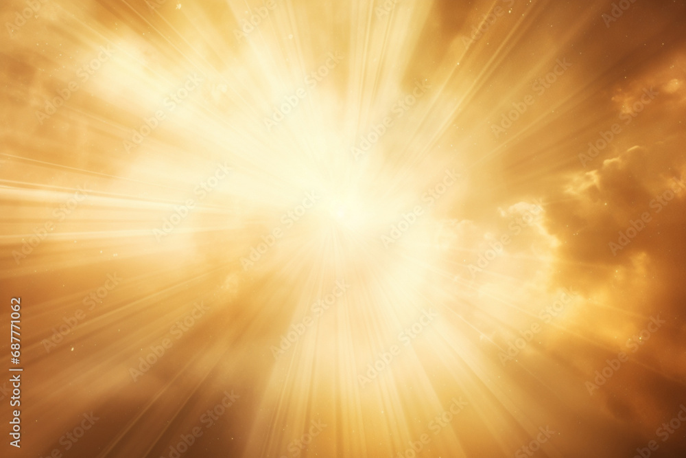 Obraz premium Gold abstract elements, featuring a glamorous glitter effect, speed out from a cloud, accompanied by a radiant gold beam of light. Generative AI.