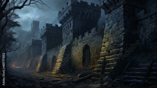 Shadows dancing on the ancient walls of a mysterious, forgotten castle at twilight.