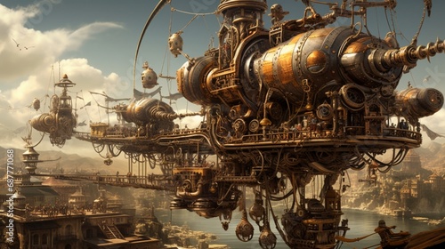 Steampunk-inspired machinery and gadgets creating a lively illustrated scene