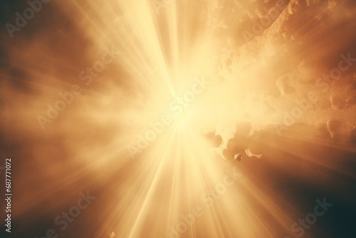 Gold abstract elements, featuring a glamorous glitter effect, speed out from a cloud, accompanied by a radiant gold beam of light. Generative AI.