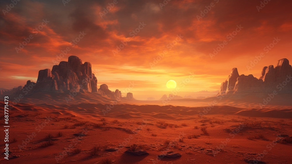 An AI-generated virtual desert with vast dunes, dramatic rock formations, and a mesmerizing sunset casting warm hues across the landscape.