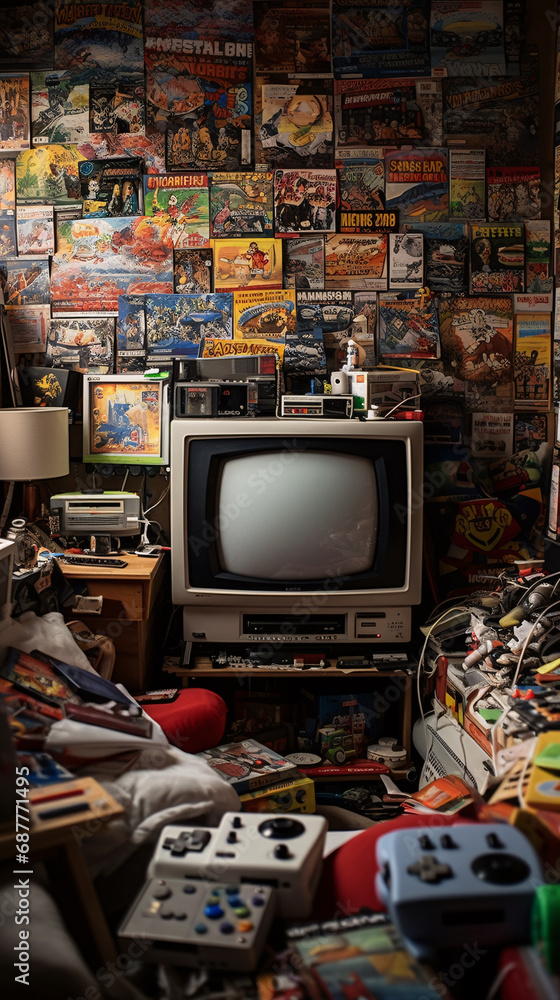 Vintage 90s nostalgia with a retro gaming setup and fashion in a teenager's room