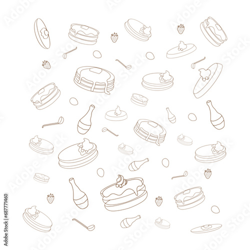 Simple pancake pattern. Vector vintage background pancake drawing. Hand drawn monochrome food illustration. Great for menu, poster or label.