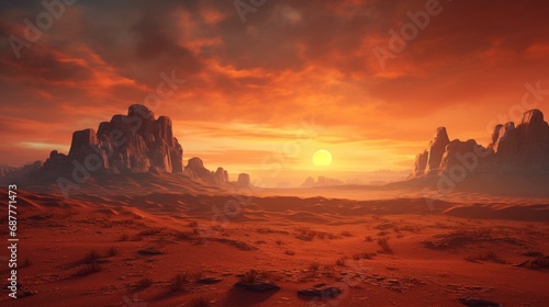 An AI-generated virtual desert with vast dunes, dramatic rock formations, and a mesmerizing sunset casting warm hues across the landscape.