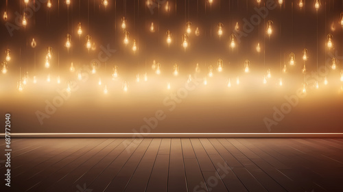 a lot of burning bulbs and glowing lights, an abstract festive banner background, a podium for a new product