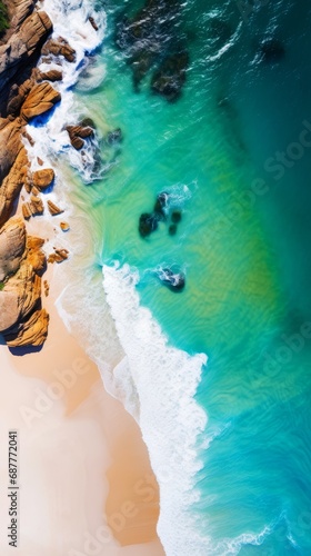 Drone photo aerial view of secluded beach with white sand between mountains, Serene landscape beautiful tropical beach.
